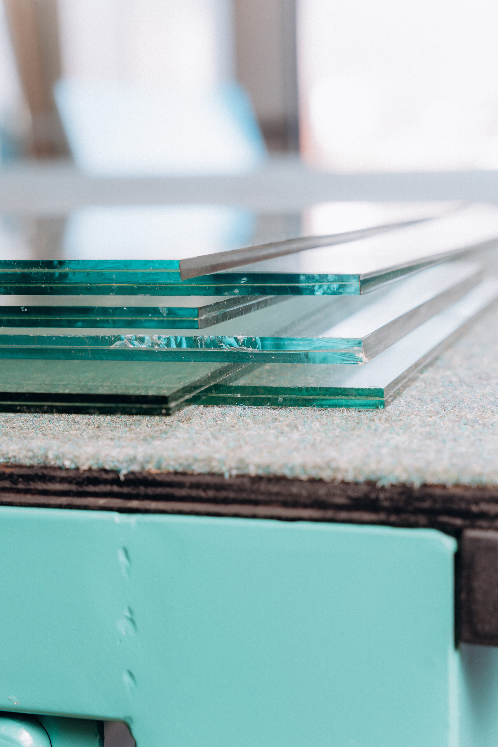 Glasplaten opgestapeld op een werktafel